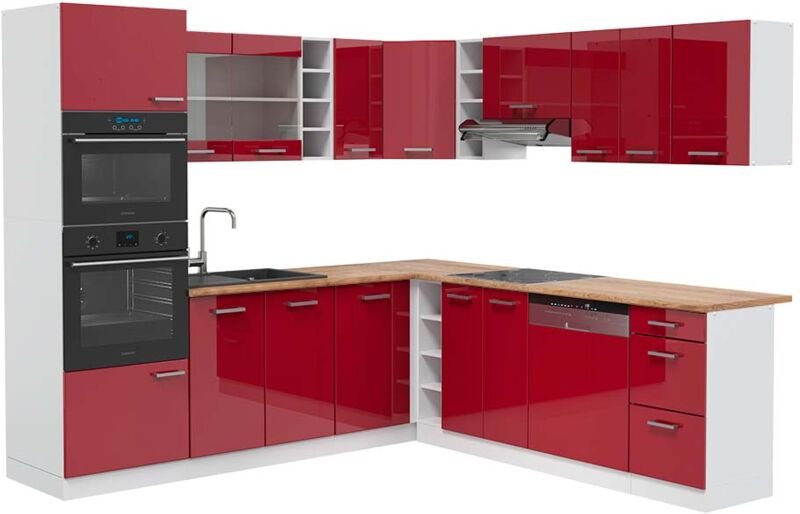 Vicco - Eckküche R-Line, Bordeaux Hochglanz/Weiß, 237 x 247 cm , ap Eiche