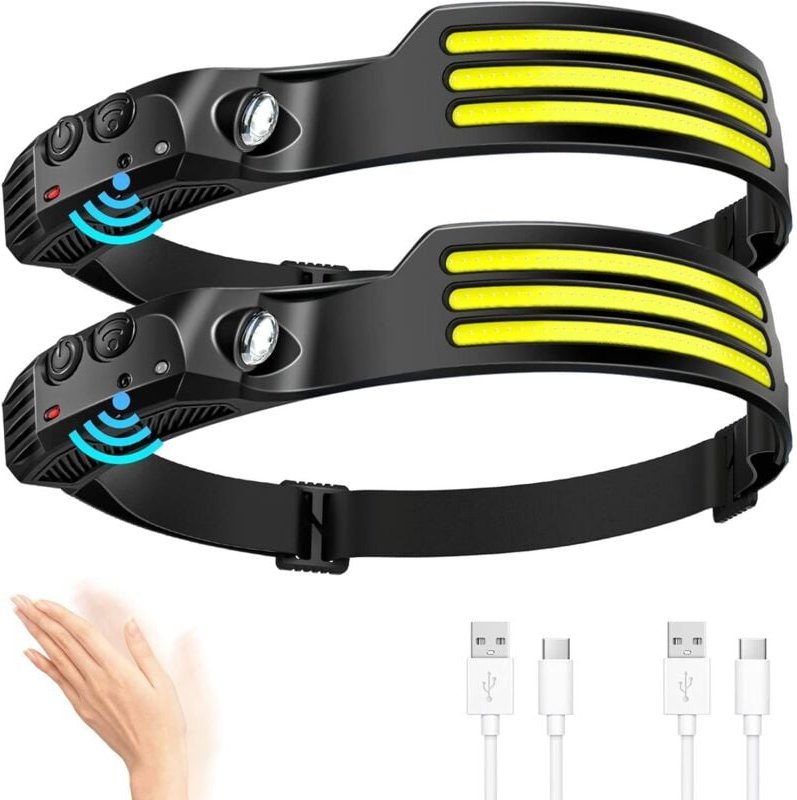 2er-Pack leistungsstarke LED-Stirnlampen, 1000 Lumen, 3 ultrahelle LEDs, per USB wiederaufladbar, Bewegungssensor, wasse...