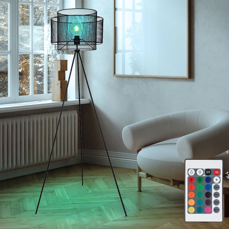 Stehlampe Stativleuchte Metall Stehleuchte schwarz Deckenfluter rund Käfig Wohnzimmer, dimmbar Fernbedienung, 1x rgb led...