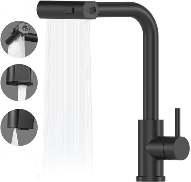 Schwarze Wasserfall-Küchenarmatur, Küchenmischer mit ausziehbarer Brause, 3 Strahlarten, 360° schwenkbar, Edelstahl, mat...