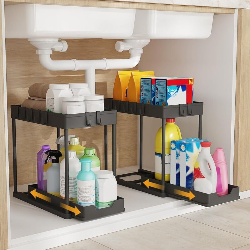 2-stufiges Unter-der-Spüle-Küchen-Organizer-Paket – Ausziehbarer Unter-der-Spüle-Aufbewahrungsregal-Organizer mit 16 Hak...