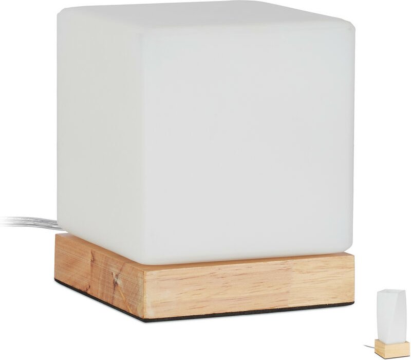 Tischlampe Würfel, Wohn- & Schlafzimmer, Holz & Milchglas, E14 Nachttischlampe, 15 x 12 x 12 cm, weiß/natur - Relaxdays