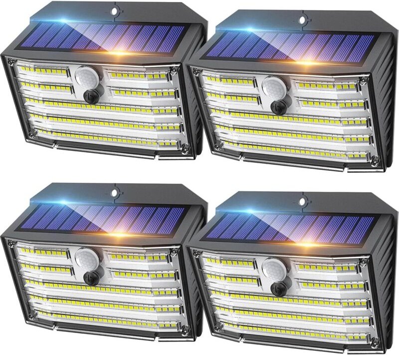 Solar-Außenleuchten (4er-Pack/126 LEDs), kabellose Bewegungsmelderleuchten, wasserdichte IP65-Sicherheitsleuchten mit 3 ...