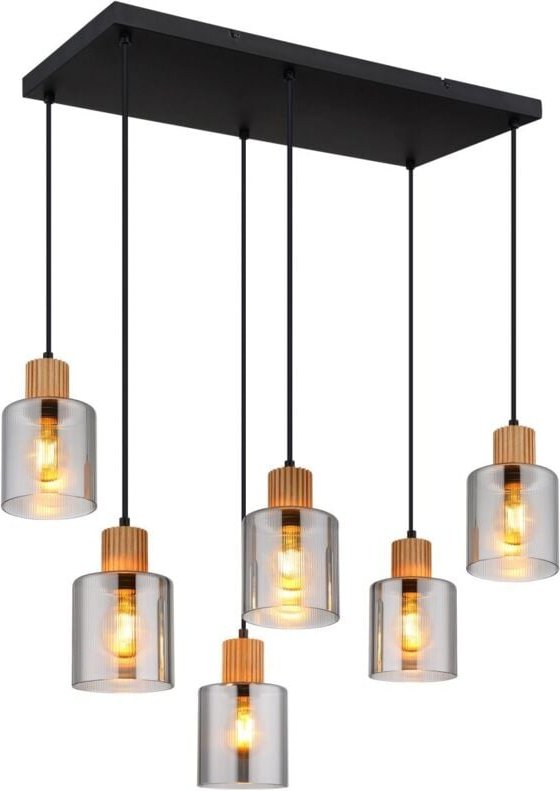 Pendellampe Esstischleuchte Rauchglas Wohnzimmerlampe Hängelampe 6 flammig Esstischleuchte, Metall, Holz, LxH 67 x 120 c...