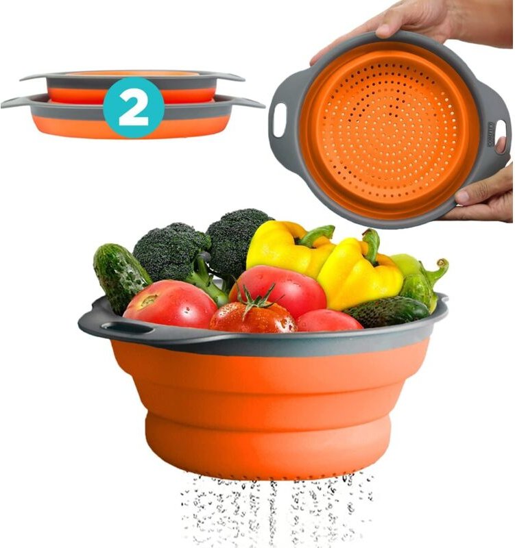 Set aus zwei und drei Viertel zusammenklappbaren Trichtern und Filtern für Küchensiebe, Nudel- und Gemüseabtropfsiebe