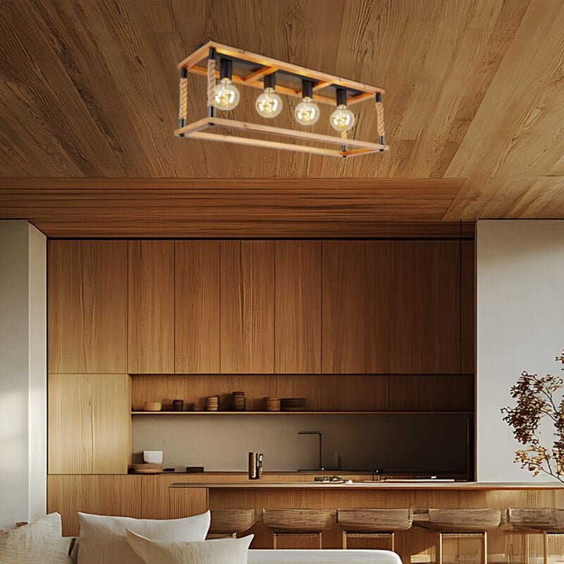 Deckenleuchte Vintage Retro Deckenleuchte Holz Deckenlampe Hanfseil 4 flammig, Metall schwarz braun, 4x E27 Fassungen, L...