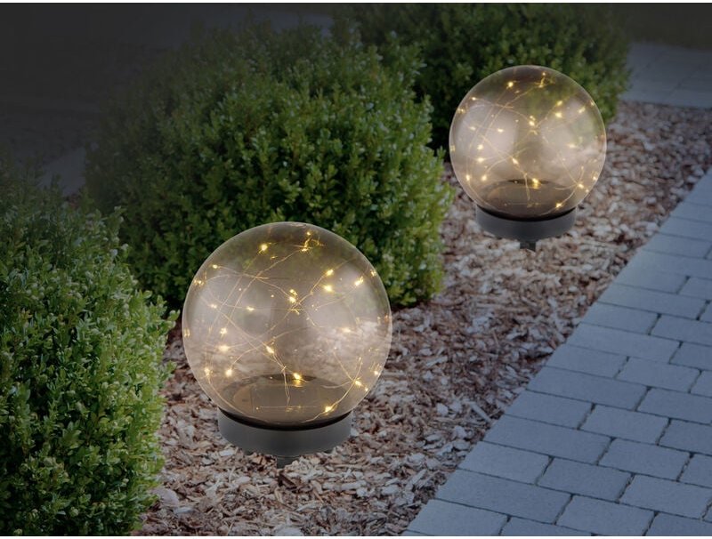 Meinewunschleuchte - led Solarkugeln 2er set - Kugeln rauchfarbig ø 15cm mit Erdspieß