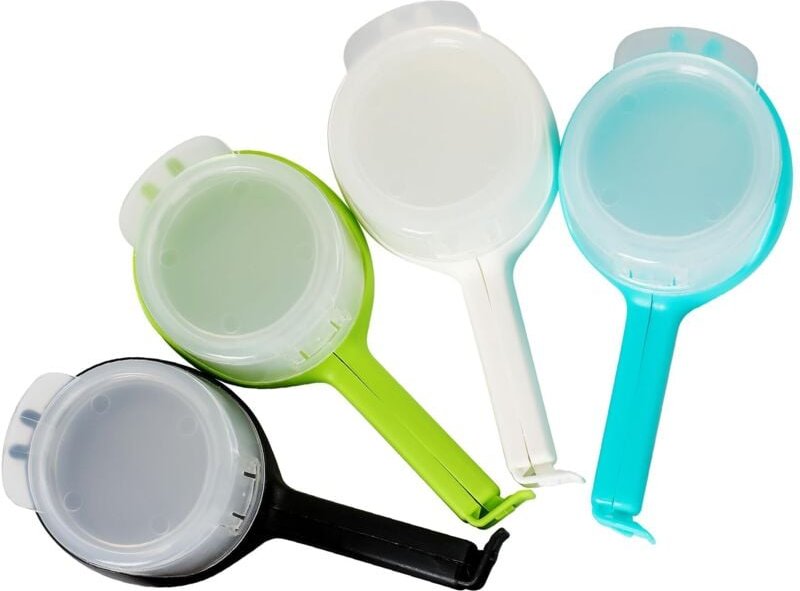 Set mit 4 Lebensmittelclips mit Ausgießer. Verschluss- und Ausgießclips für Snackbeutel (Ringe).