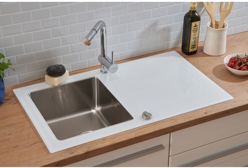 Küchenspüle Glas Einbauspüle Edelstahl Spüle 86 x 50 Weiß Respekta New York
