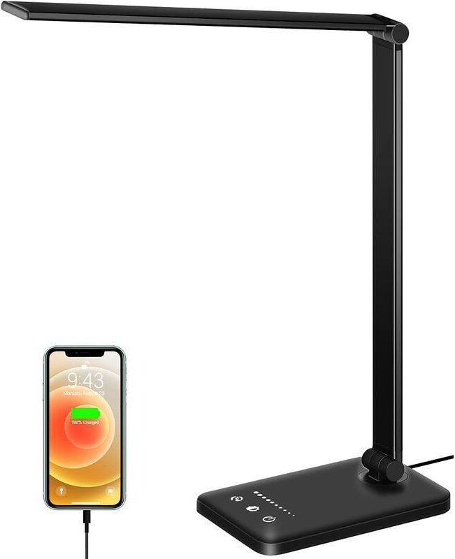 LED-Schreibtischlampe, dimmbar mit 10 Helligkeitsstufen und 5 Farbmodi, Touch-Bedienung, Augenschutz, USB-Anschluss/Time...