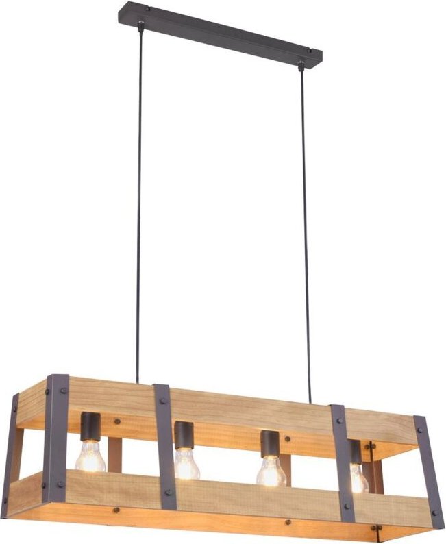 Pendelleuchte Holzpendel Hängeleuchte Holzbalken natur, Eisen, braun, schwarz, IP20, lackiertes Eisen, 4x E27 Fassungen,...