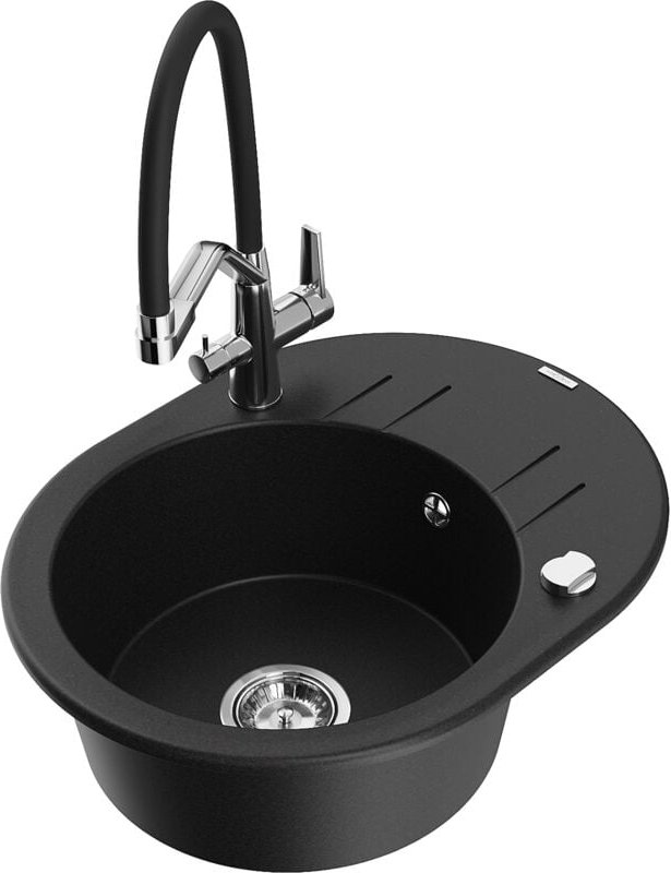 Kevin 1-Becken-Granitspüle mit Mischbatterie Duo, Schwarz - 6517-77-671701-07 - Mexen