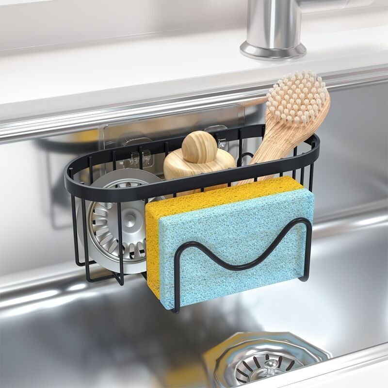 Spülbeckenhalterung, M-förmiger Schwammhalter, Edelstahl, kein Bohren erforderlich, mit 2 Klebestreifen, schwarz
