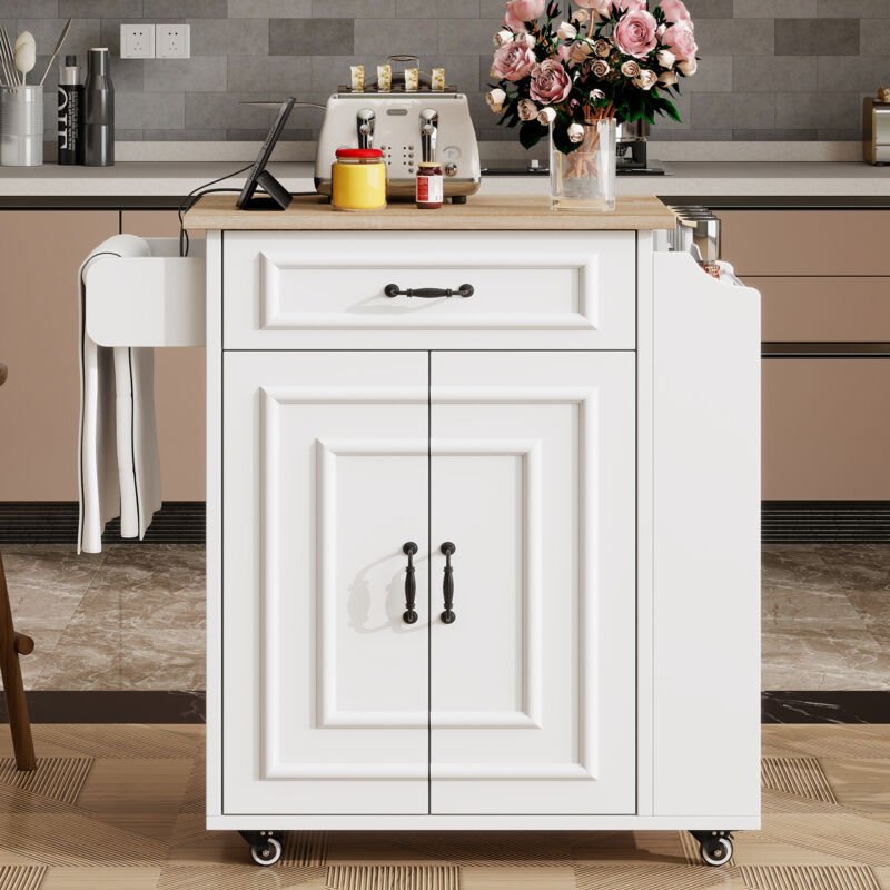 Kücheninsel 66×40(60)×90 cm mit klappbarer Arbeitsplatte, Schubladen, Handtuchhalter, Gewürzregal, weiß