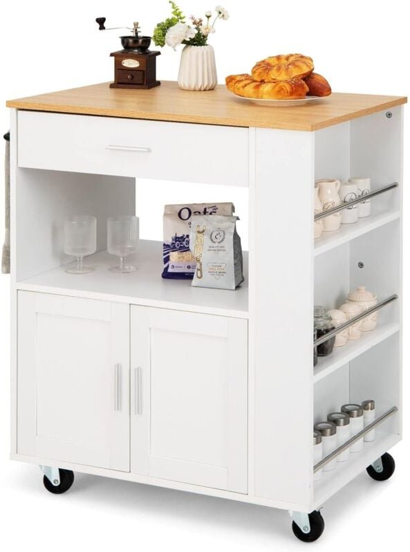 Küchenwagen, Servierwagen mit Schublade, Zweitüriger Schrank, Dreistufiges Gewürzregal, Wasserfest, Räder mit Bremsen, R...
