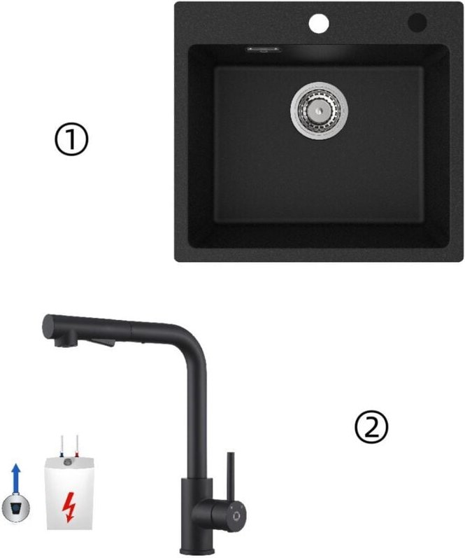 Cecipa Max - cecipa Granitspüle 50 x 45 cm Küchenspüle schwarz+27 cm Küchenarmatur, schwarz ausziehbarer Spülbeckenhahn