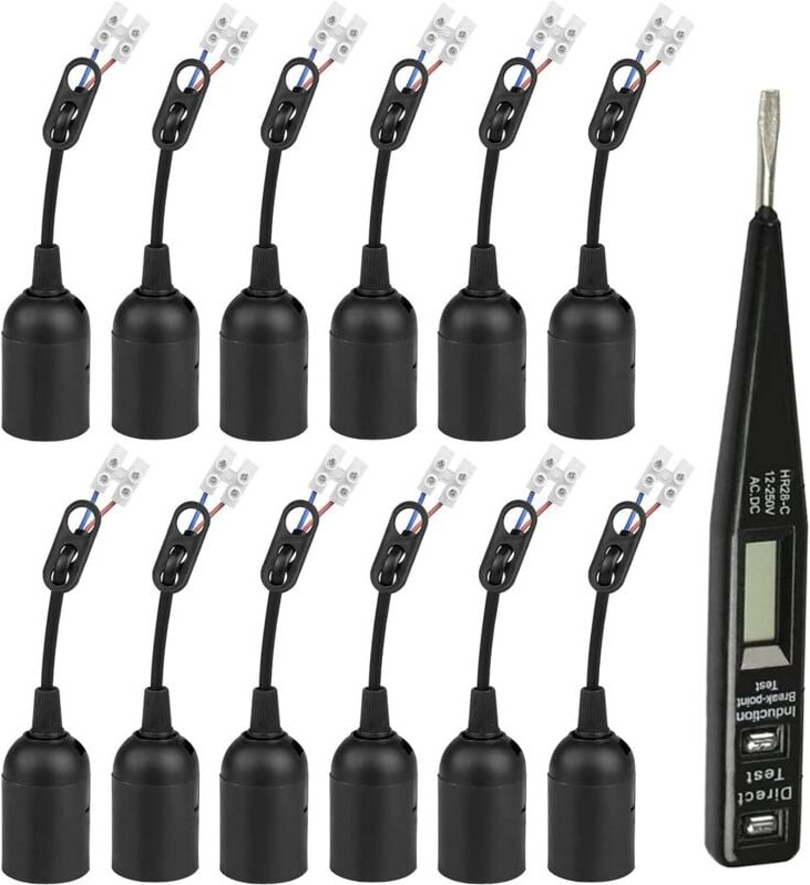 Ersatzfassung E27-12 PCS E27 Sockel Lampenfassung + VDE Spannungs-/Phasenprüfer, 4A 250V Lampenfassung mit Kabel (Max.60...