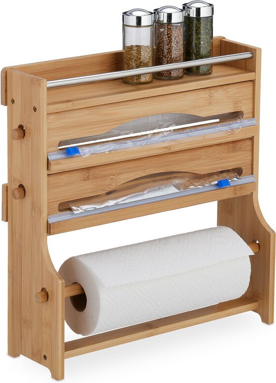 Relaxdays - Wandrollenhalter, für Alufolie, Frischhaltefolie, Küchenrolle, Gewürzregal, Bambus, hbt: 40x40x11,5 cm, natu...
