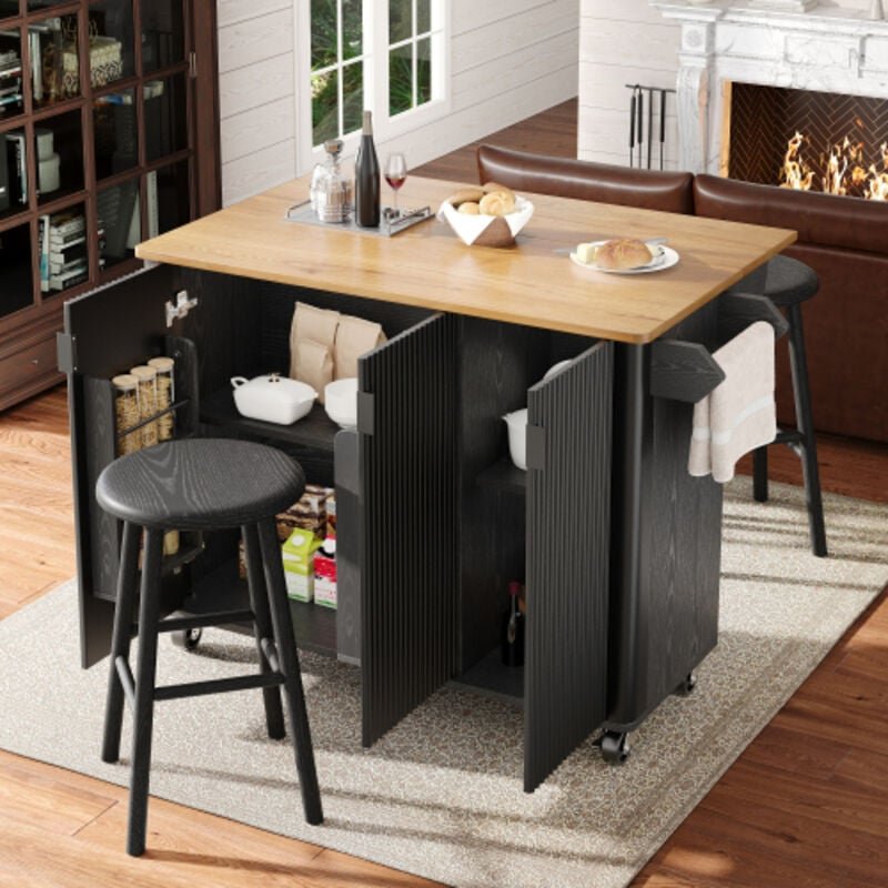 Ausziehbarer Küchenwagen mit Handtuchhalter, verstellbaren Ablagen und Holzmaserung, schwarz, 130x45/75x92 cm