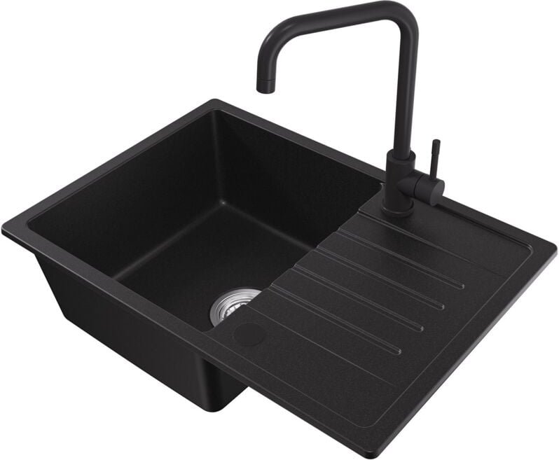Cecipa Max - Granitspüle 65 x 45 cm Küchenspüle mit Abtropffläche, Anthrazit + Hochdruck Schwarze Küchenarmatur