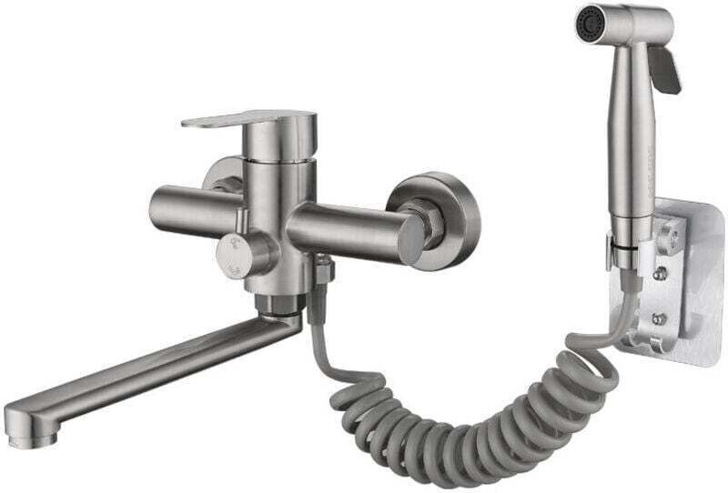 Wandmontierte Küchenarmatur mit Brausepistole und 2 Strahlarten, 360° drehbarer Auslauf aus gebürstetem Edelstahl