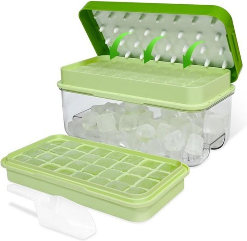 Eiswürfelform mit Deckel – 64 Eiswürfel – leicht zu entnehmen – für Cocktails, Whisky, Kaffee – 2 Schalen + 1 Eisbehälte...
