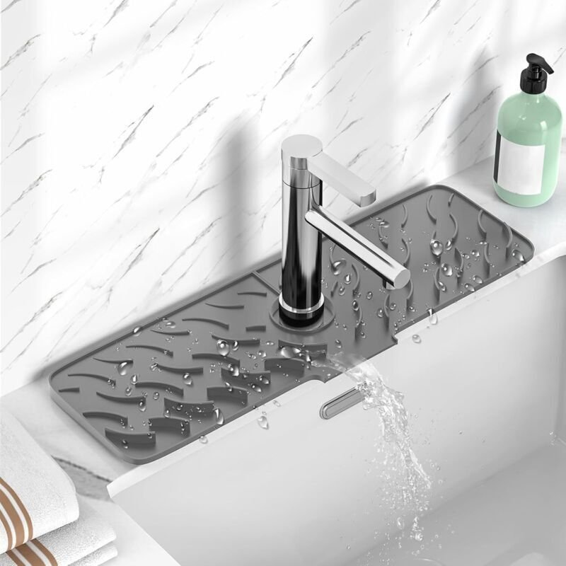 Spritzschutz aus Silikon für Wasserhähne, 45 x 14 cm, mit Griff, Abtropfschale und Schwammhalter, für Küche, Bad, Bar, W...