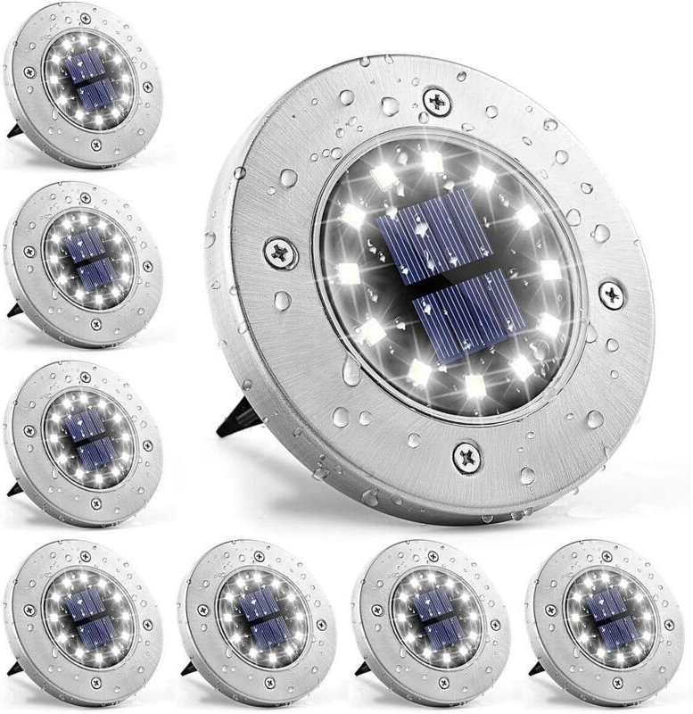 12 LEDs, 8-teilige Solar-Bodenleuchten, Weiß, wasserdichter Edelstahl, für den Außenbereich, Garten, Terrasse, Rasen, Ho...