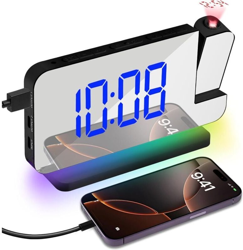 Projektionswecker, LED-Digitalprojektionsuhr, USB-Lade-Deckenprojektorwecker mit 180°-Drehung, 11 RGB-Farben-LED-Anzeige...