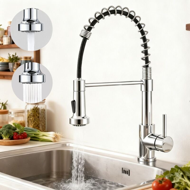 AICA Hochdruck Wasserhahn Küche Abnehmbarer Mischbatterie und Drehbarer 360° Spiralfeder Küchenarmatur Chrom