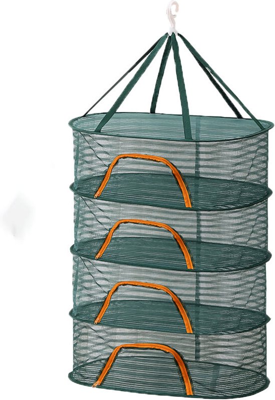 Relaxdays Trockennetz faltbar, Dörrnetz 4 Ebenen für Kräuter, Obst, Gemüse, Fischtrockner zum Aufhängen, grün/orange