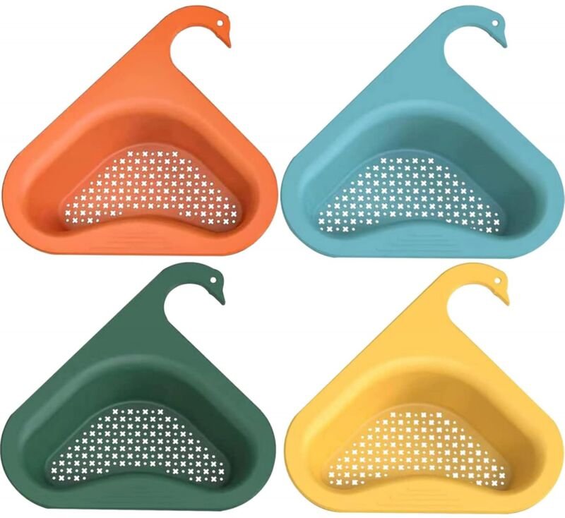 Set mit 4 schwanenförmigen Spülbeckensieben, dreieckige Abtropfschalen für Obst, Gemüse, Abfall und Essensreste