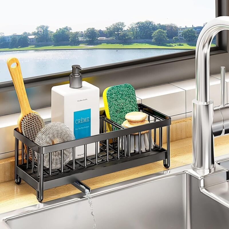 Küchenspüle-Organizer, Stahl-Aufbewahrungsschwammhalter mit automatischer Abflussschale, Küchenspüle-Schwammhalter zur A...