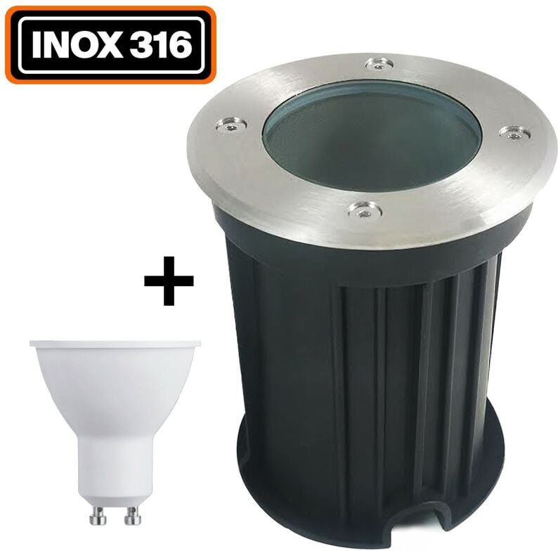 Bodeneinbaustrahler Rund Edelstahl 316 Außen IP65 + GU10 7W Glühlampe Warmweiß 2700K
