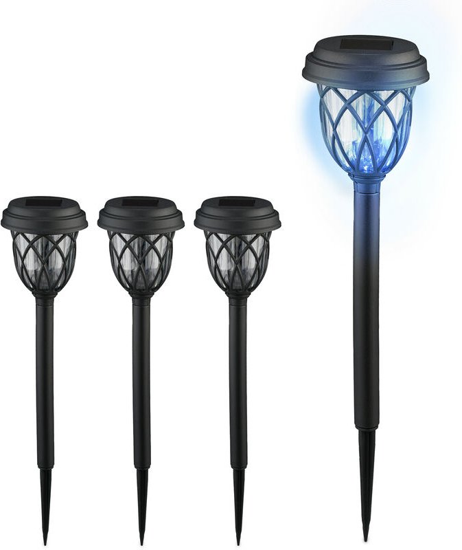 Thumbnail - Relaxdays - Solarlampen 4er Set, Laternen-Optik, led Gartenleuchten, HxD: 42,5 x 10 cm, mit Erdspieß, schwarz/transparen...