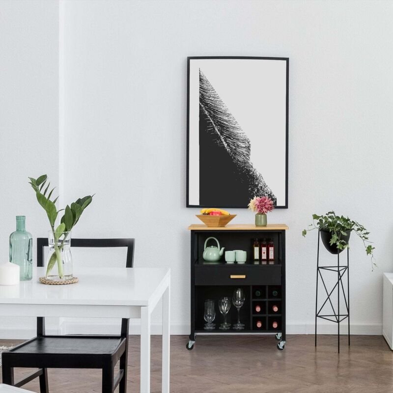 Kücheninselwagen mit Bambusplatte und Weinregal