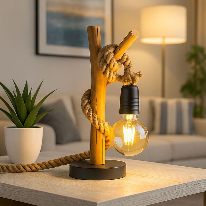 Tischlampe Tischleuchte Nachttischleuchte Leselampe Hanfseil Holz braun h 40 cm