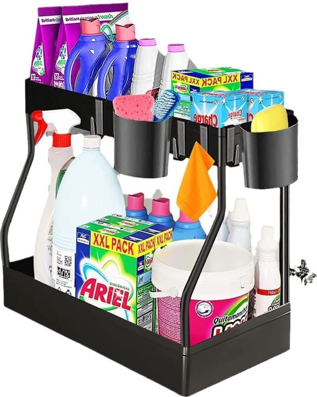 2-stöckiges Aufbewahrungsregal unter der Spüle, Küchenregal mit 4 Haken und 2 Hängebechern, verschiebbares Schubladenreg...