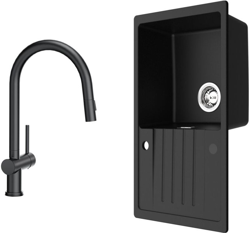 Cecipa Max - Küchenspüle 78x45cm Granitspüle Anthrazitschwarz Mit Abtropffläche + Ausziehbarer Küchenarmatur Schwarz Mit...