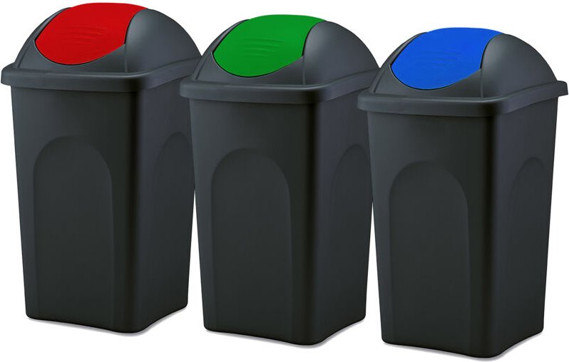 Thumbnail - BigDean 3x Mülleimer groß 60L - schwarz - mit Schwingdeckel rot, grün & blau - aus Kunststoff - Müllsammler Abfalleimer ...