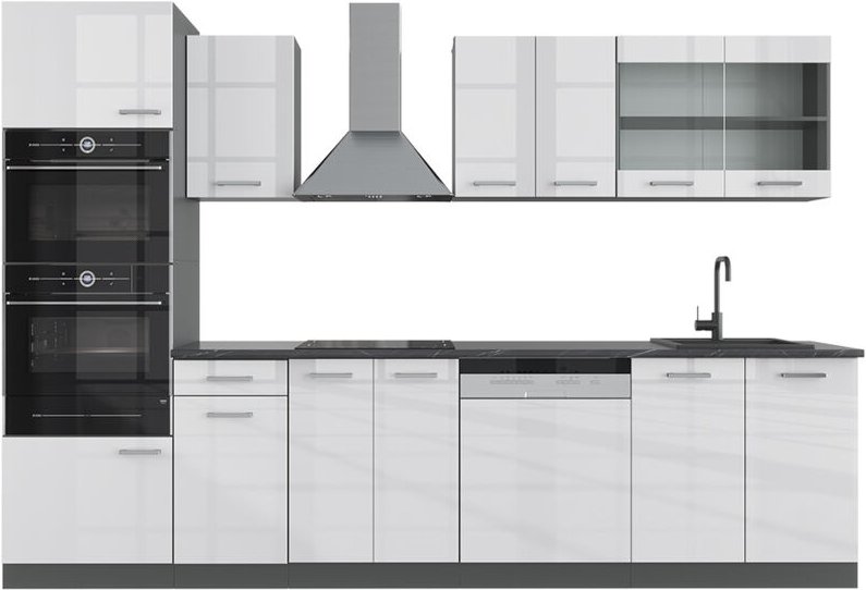 Vicco - Küchenzeile R-Line, Weiß Hochglanz/Anthrazit, 300 cm mit Hochschrank, ohne Arbeitsplatte