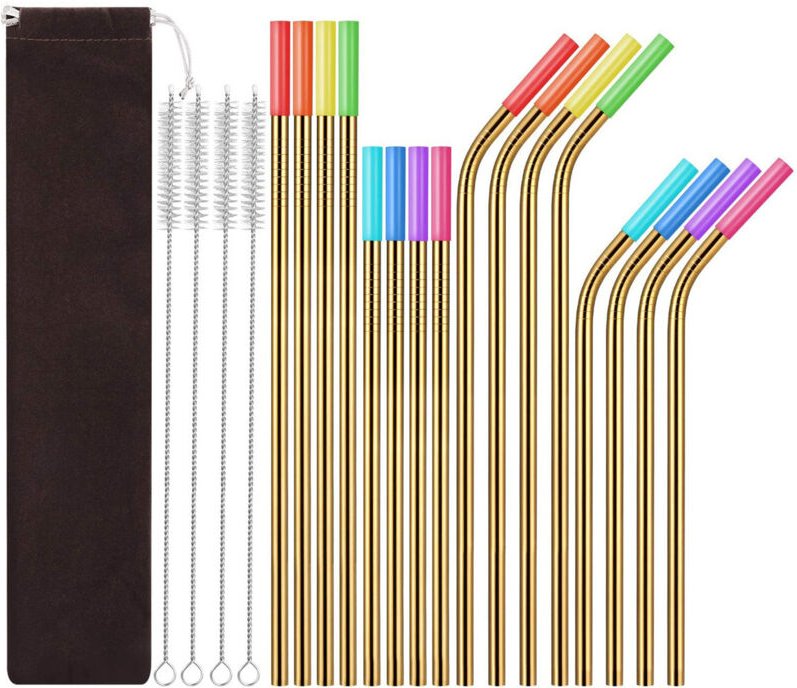 Set mit 16 wiederverwendbaren Edelstahlstrohhalmen – lange Strohhalme, spülmaschinenfest – Reinigungsbürsten inklusive.