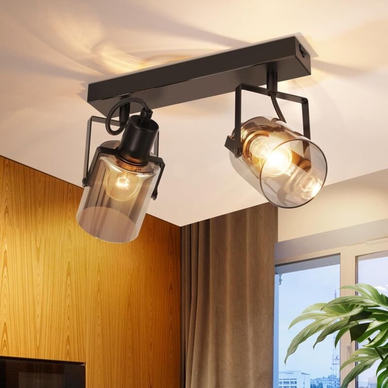 Deckenstrahler Vintage Deckenlampe Retro - 2flammig Rauchgrau Glas Deckenleuchte E14 Fassung Industrial Flurlampe Schwar...