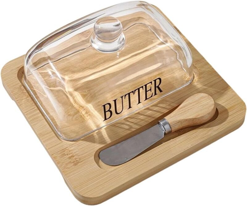 Butterdose Serviertablett aus Glas mit Deckel – Butterbehälter mit Messer, für Küchenarbeitsplatte, Esstisch, Frühstück,...