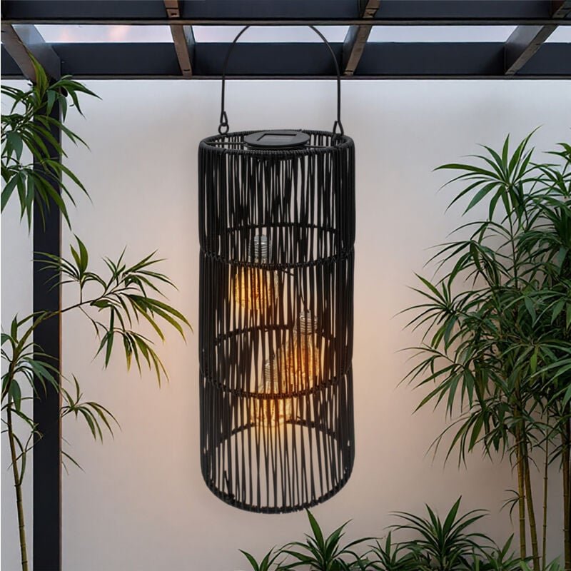 Solar Hängeleuchte in Rattan Optik schwarz mit led Glühbirnen - 47 x 18 cm - Deko Gartenlaterne zum Hängen warm weiß bel...