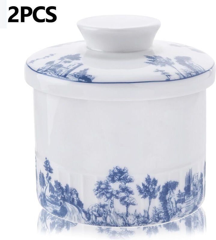 Ländliche Keramik-Butterdose, 250 g Keramik-Butterdose mit Wasserlinie zum Verstreichen frischer Butter, wassergefüllte ...