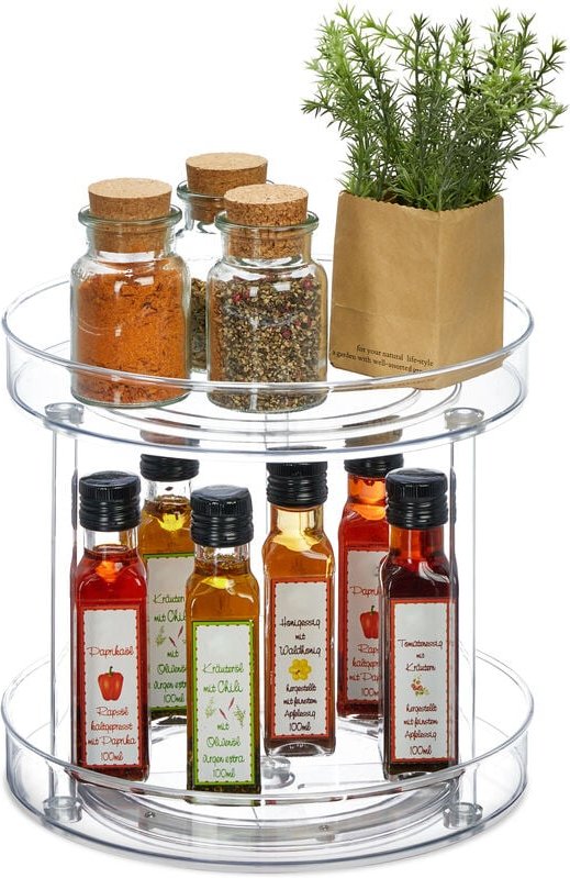 Drehteller, 2-stöckig, ø 27 cm, drehbar, Drehscheibe für Kühlschrank, Kosmetik & Gewürze, rund, transparent - Relaxdays