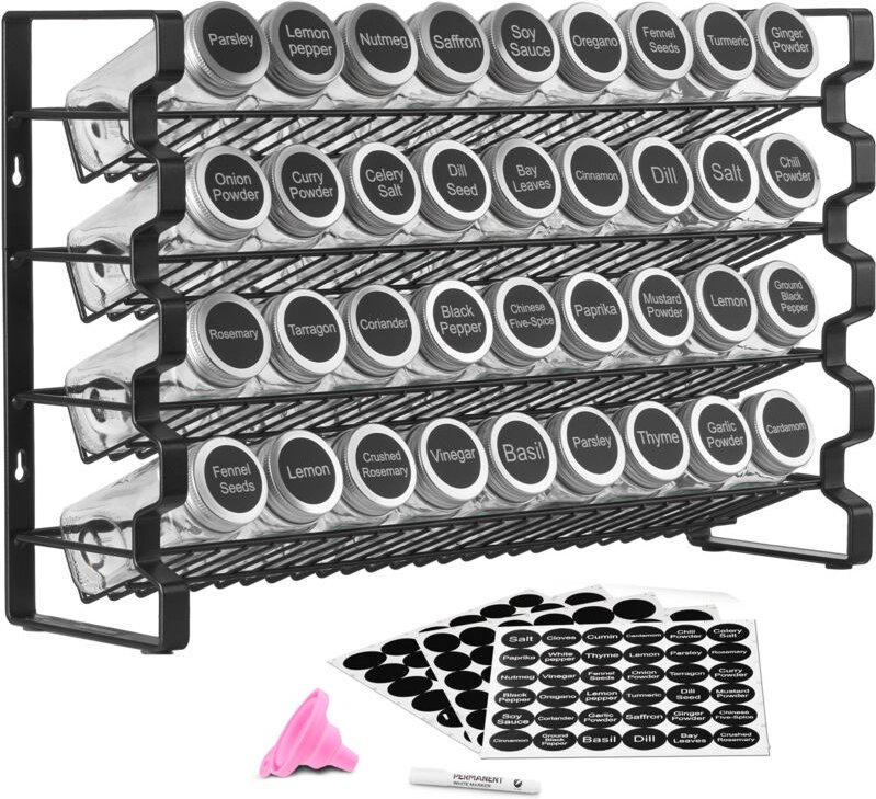 Mophorn 4-stöckiges Gewürzregal mit 36 leeren Gläsern, Etiketten, Trichter und Gestell – Komplettset für die Organisatio...