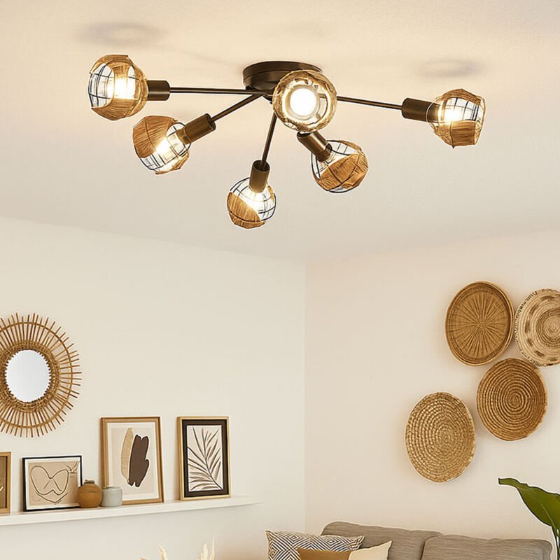 LED Deckenlampe dimmbar Geflecht 6 Flammig Deckenleuchte Deckenlampe Wohnzimmer, Metall schwarz braun, 6x 4W 6x 470lm wa...