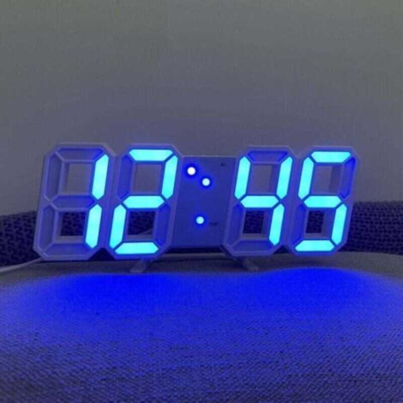 Digitale LED-Wanduhr mit blau-weißem Licht, einstellbarer Helligkeit, großer Temperaturanzeige, 3D-Wohnzimmeruhr, grenzü...